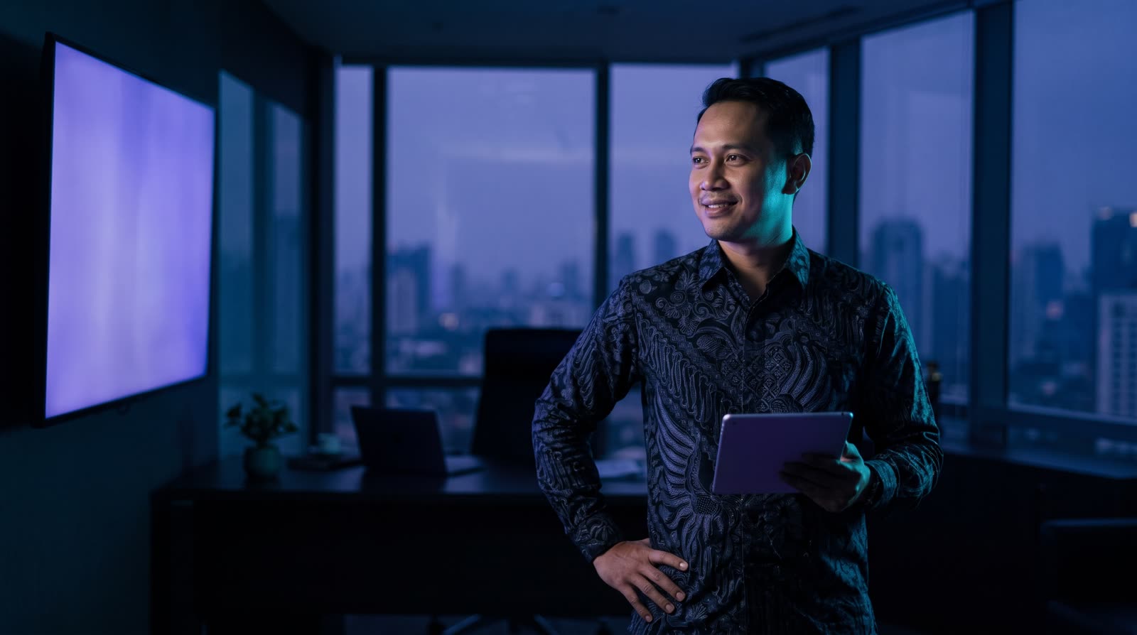 Pemilik usaha Indonesia di kantor gelap modern pagi hari, memegang tablet atau melihat layar besar yang menyala ungu lembut; postur tenang.