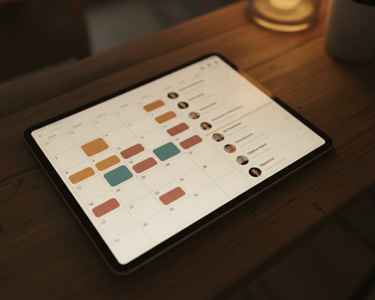 Meja kerja dengan kalender dan komputer