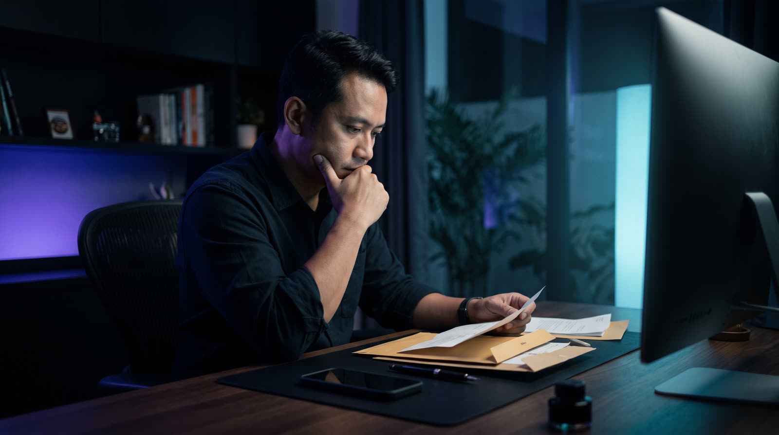 Pemilik usaha Indonesia di home office gelap malam hari, dibayangi cahaya monitor sian; beberapa amplop surat manila terbuka di meja.