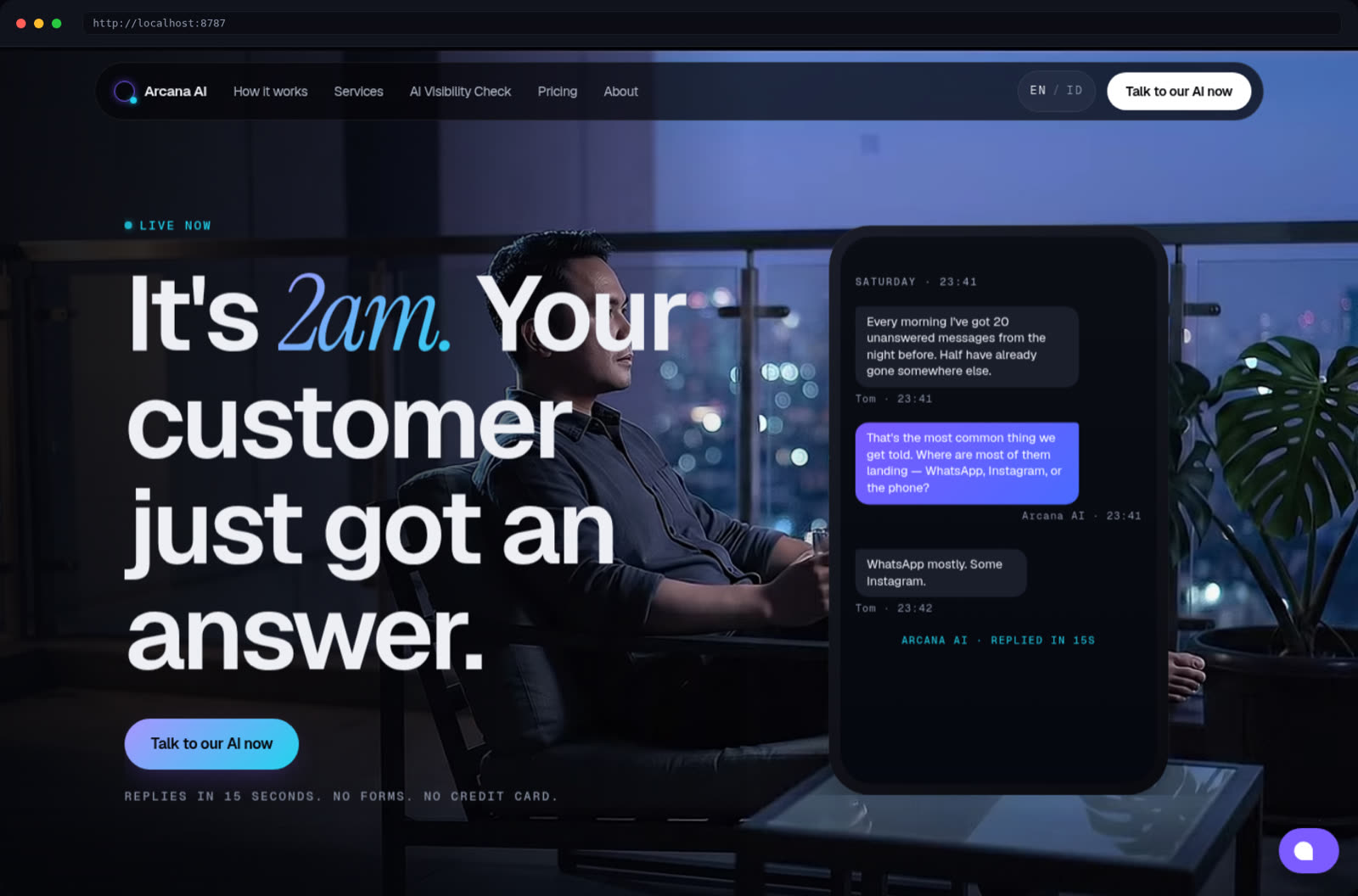 Screenshot of the new Arcana AI homepage (dark Night Shift design, 6-bubble WhatsApp chat) inside a dark laptop/browser frame.