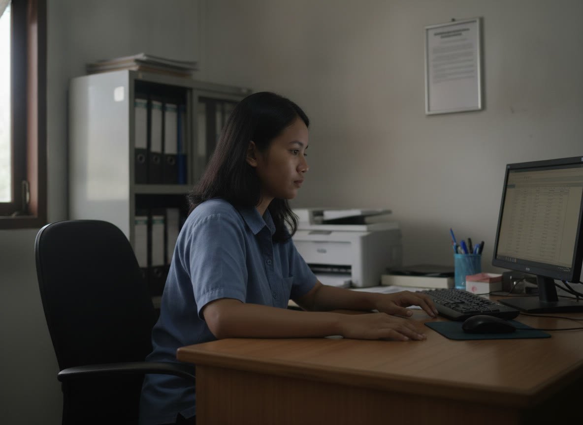 Staf muda di meja resepsionis kantor, tampak kompeten tapi datar dan tidak terlibat, tatapan melayang dari layar.