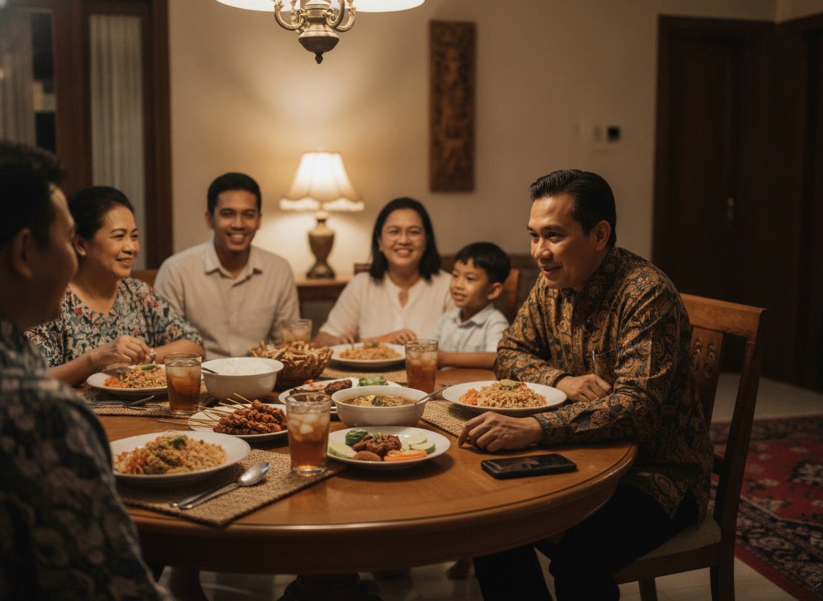 Pemilik bisnis di meja makan bersama keluarga, hadir dalam percakapan, ponsel menghadap ke bawah di sebelahnya.
