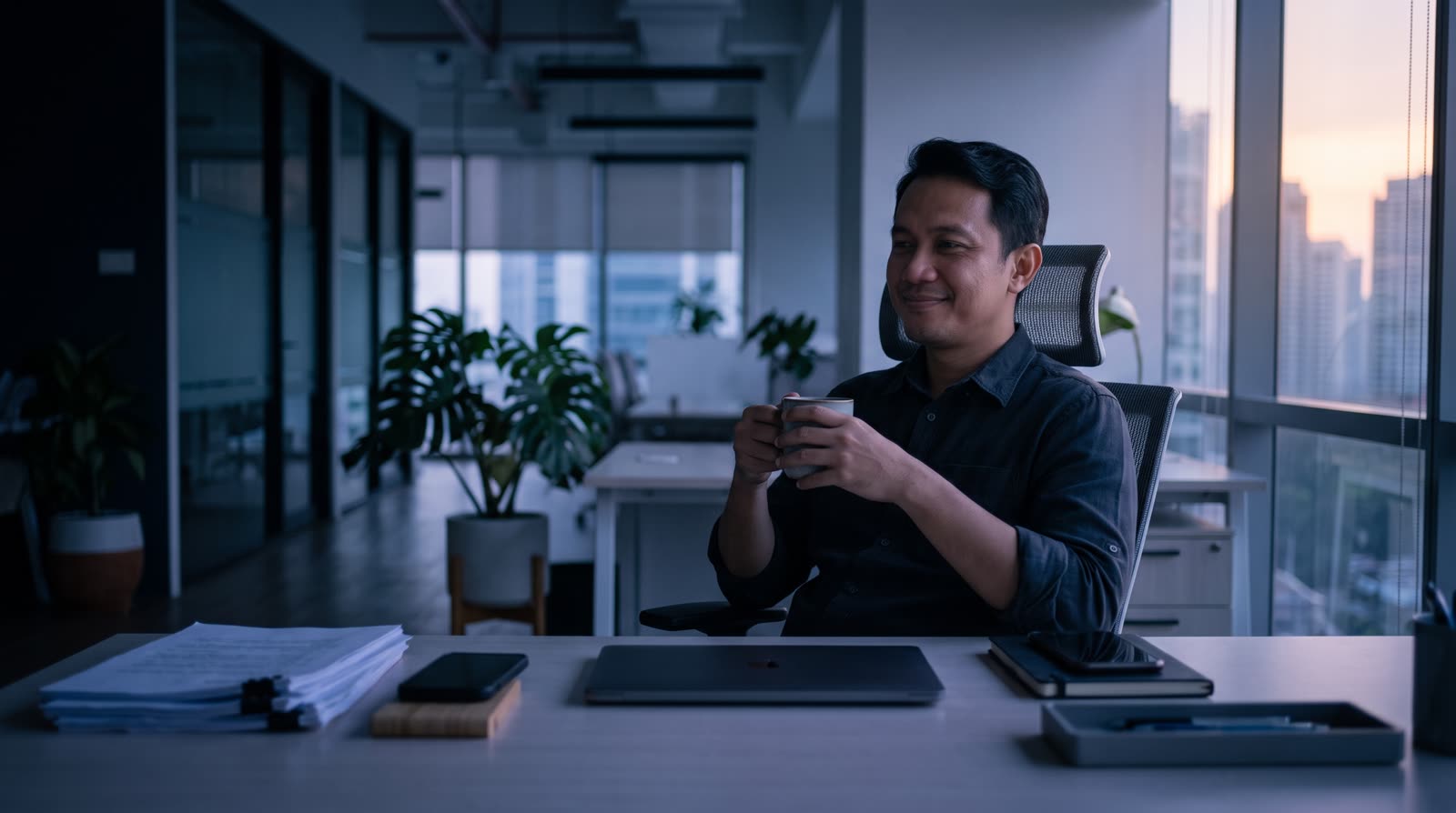 Pemilik usaha yang sama di meja yang sama saat pagi fajar; cahaya hangat fajar dari jendela, meja rapi, ponsel terletak terbalik di dudukan, cangkir kopi di tangan.