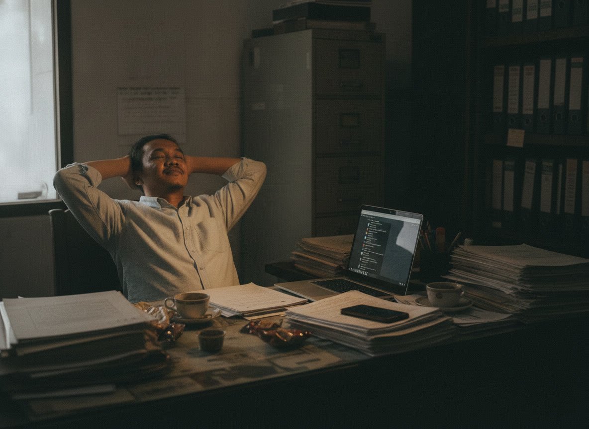 Pemilik yang sama, di kantor yang sama, kali ini duduk santai dengan telepon menghadap ke bawah.